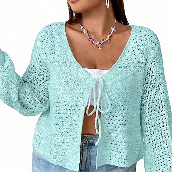Plus Size Women's V-Neck Long Sleeve Cardigan Sweater Front Tie Cardigan Top Hollow Out Loose Top
