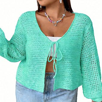 Plus Size Women's V-Neck Long Sleeve Cardigan Sweater Front Tie Cardigan Top Hollow Out Loose Top