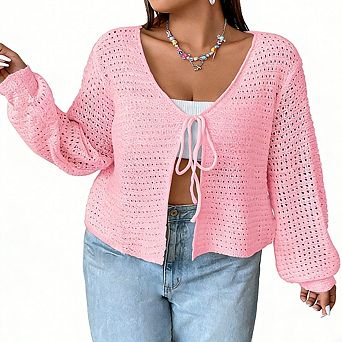 Plus Size Women's V-Neck Long Sleeve Cardigan Sweater Front Tie Cardigan Top Hollow Out Loose Top