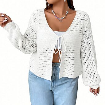 Plus Size Women's V-Neck Long Sleeve Cardigan Sweater Front Tie Cardigan Top Hollow Out Loose Top
