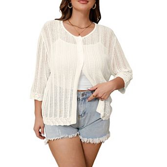 Womens Plus Size Crochet Cardigan Sweaters Summer Boho 3/4 Sleeve Hollow Out Knit Cover Up Swim Tops