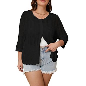 Womens Plus Size Crochet Cardigan Sweaters Summer Boho 3/4 Sleeve Hollow Out Knit Cover Up Swim Tops