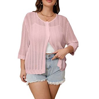 Womens Plus Size Crochet Cardigan Sweaters Summer Boho 3/4 Sleeve Hollow Out Knit Cover Up Swim Tops