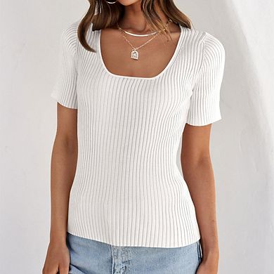 Women Classic U-Neck Base Top Slim Basic Pullover Short Sleeve Sweater Minimalist Versatile Blouse