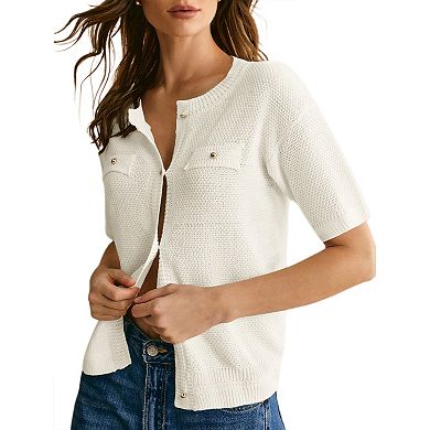 Women's Summer Button Down Shirts Casual Short Sleeve Crew Neck Ribbed Knit Blouse Top Cardigans