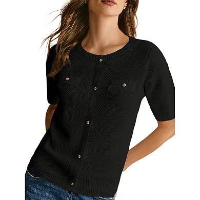 Women's Summer Button Down Shirts Casual Short Sleeve Crew Neck Ribbed Knit Blouse Top Cardigans