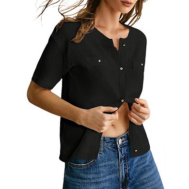 Women's Summer Button Down Shirts Casual Short Sleeve Crew Neck Ribbed Knit Blouse Top Cardigans