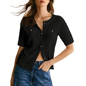 Women's Summer Button Down Shirts Casual Short Sleeve Crew Neck Ribbed Knit Blouse Top Cardigans