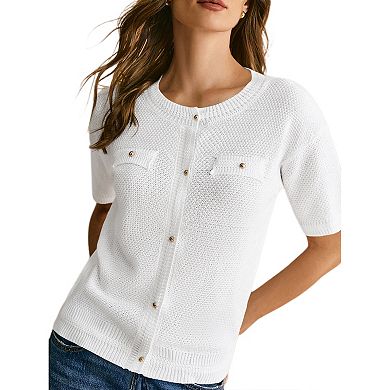 Women's Summer Button Down Shirts Casual Short Sleeve Crew Neck Ribbed Knit Blouse Top Cardigans