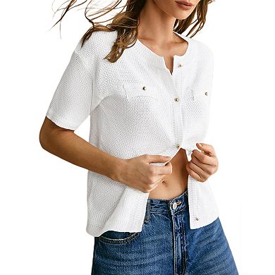 Women's Summer Button Down Shirts Casual Short Sleeve Crew Neck Ribbed Knit Blouse Top Cardigans
