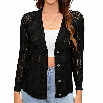 Women Classic V-Neck Raglan Long Sleeve Button Cardigan Hollow Out Design Casual Versatile Knit Top