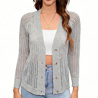 Women Classic V-Neck Raglan Long Sleeve Button Cardigan Hollow Out Design Casual Versatile Knit Top
