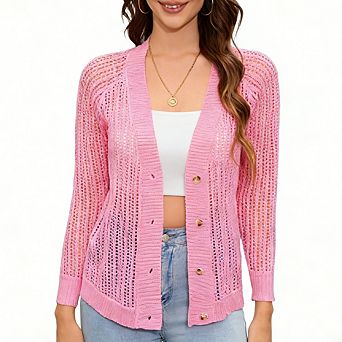 Women Classic V-Neck Raglan Long Sleeve Button Cardigan Hollow Out Design Casual Versatile Knit Top