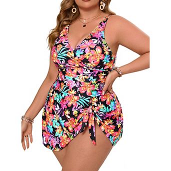 Women's Plus Size One Piece Swim Dress Twist Front Tie Side Bathing Suit
