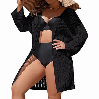 Plus Size Lady Summer Casual Open Front Cardigan Hollow Out Breathable Long Sun Protection Cover Up
