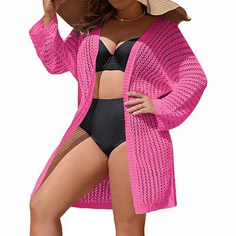 Plus Size Lady Summer Casual Open Front Cardigan Hollow Out Breathable Long Sun Protection Cover Up