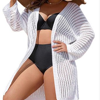 Plus Size Lady Summer Casual Open Front Cardigan Hollow Out Breathable Long Sun Protection Cover Up