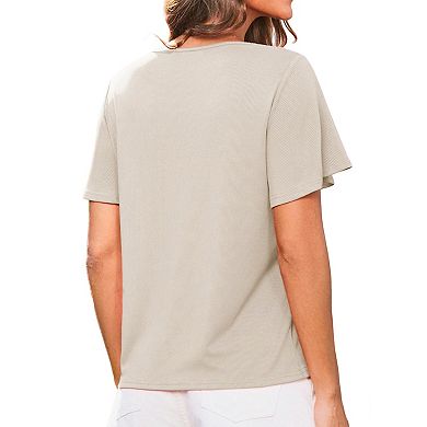 Women's Lace Ribbed Knit Top Flutter Short Sleeve Casual Blouse