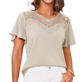 Women's Lace Ribbed Knit Top Flutter Short Sleeve Casual Blouse