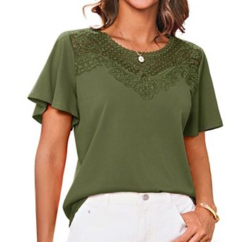 Women's Lace Ribbed Knit Top Flutter Short Sleeve Casual Blouse