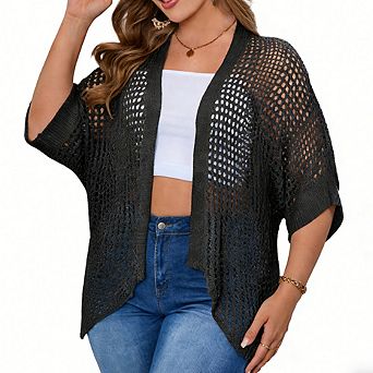 Plus Size Women's Fashion Hollow Out Cardigan Casual Relaxed Fit Knit Cardigan Daily Versatile Top