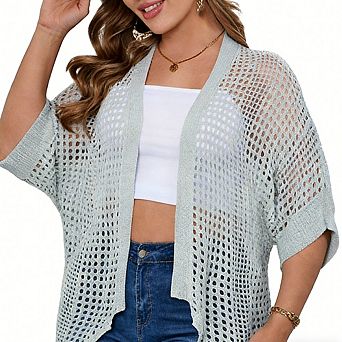 Plus Size Women's Fashion Hollow Out Cardigan Casual Relaxed Fit Knit Cardigan Daily Versatile Top