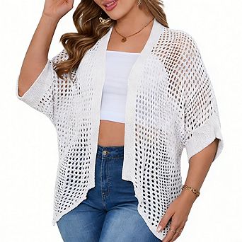 Plus Size Women's Fashion Hollow Out Cardigan Casual Relaxed Fit Knit Cardigan Daily Versatile Top