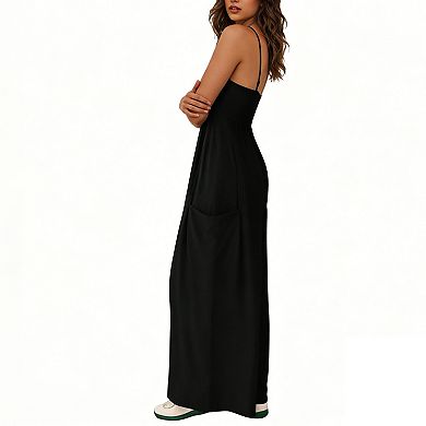 Women's Spaghetti Strap Wide Leg Jumpsuit Flowy Sleeveless Romper with Pockets