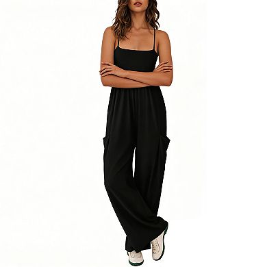 Women's Spaghetti Strap Wide Leg Jumpsuit Flowy Sleeveless Romper with Pockets