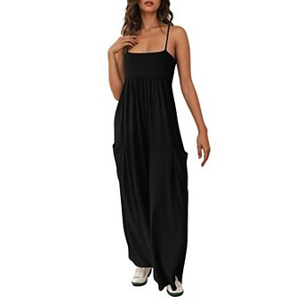 Women's Spaghetti Strap Wide Leg Jumpsuit Flowy Sleeveless Romper with Pockets