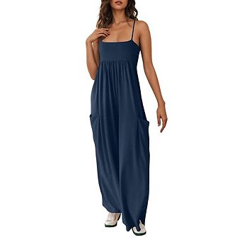 Women's Spaghetti Strap Wide Leg Jumpsuit Flowy Sleeveless Romper with Pockets