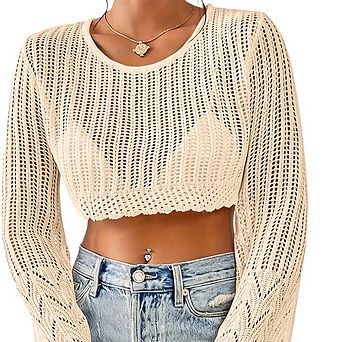 Women Crew Neck Hollow Out Cropped Top Simple Loose Cover Up Beach Daily Versatile Knit Pullover Top
