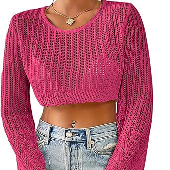 Women Crew Neck Hollow Out Cropped Top Simple Loose Cover Up Beach Daily Versatile Knit Pullover Top