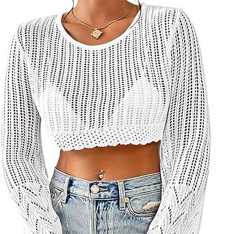 Women Crew Neck Hollow Out Cropped Top Simple Loose Cover Up Beach Daily Versatile Knit Pullover Top