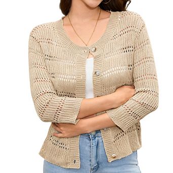 Women Crew Neck Three Quarter Sleeve Cardigan Hollow Out Button Front Short Knit Top Daily Versatile