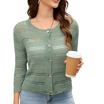 Women Crew Neck Three Quarter Sleeve Cardigan Hollow Out Button Front Short Knit Top Daily Versatile