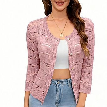 Women Crew Neck Three Quarter Sleeve Cardigan Hollow Out Button Front Short Knit Top Daily Versatile