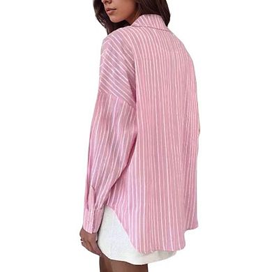 Womens Striped Button Down Shirt Casual Collared Long Sleeve Blouse Top