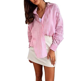 Womens Striped Button Down Shirt Casual Collared Long Sleeve Blouse Top