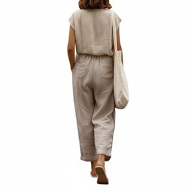 Women's Summer Linen Capri Pants Petite Lightweight Beachwear Elastic Waist Pants with Drawstring