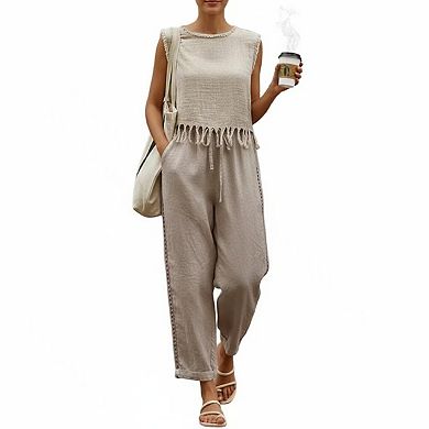 Women's Summer Linen Capri Pants Petite Lightweight Beachwear Elastic Waist Pants with Drawstring