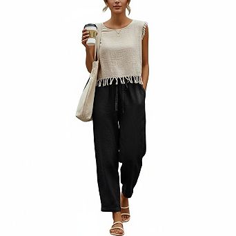 Women's Summer Linen Capri Pants Petite Lightweight Beachwear Elastic Waist Pants with Drawstring