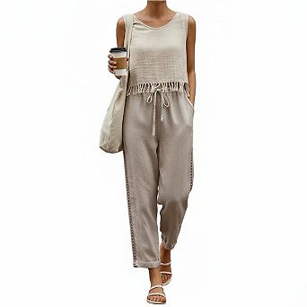 Women's Summer Linen Capri Pants Petite Lightweight Beachwear Elastic Waist Pants with Drawstring