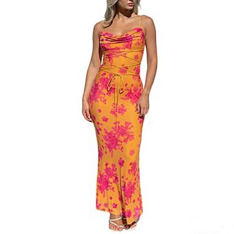 Women's Spaghetti Strap Maxi Dress Curvy Floral Ruched V Neck Back Tie Bodycon Evening Dress