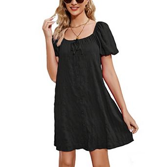 Women's Textured Babydoll Dress Puff Sleeve Square Neck Loose Fit Casual Summer Mini Dress