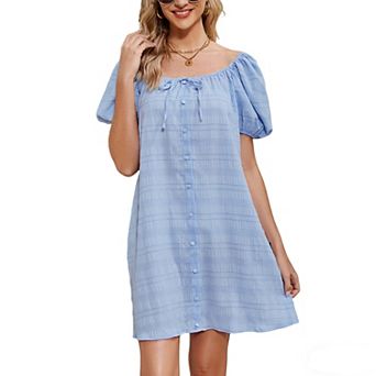 Women's Textured Babydoll Dress Puff Sleeve Square Neck Loose Fit Casual Summer Mini Dress