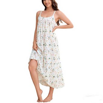 Women's Spaghetti Strap Nightgown Summer Floral Print Tiered Ruffled Hem Sleeveless Long Sleep Dress