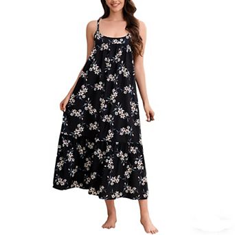 Women's Spaghetti Strap Nightgown Summer Floral Print Tiered Ruffled Hem Sleeveless Long Sleep Dress