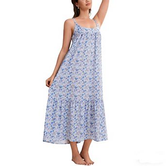 Women's Spaghetti Strap Nightgown Summer Floral Print Tiered Ruffled Hem Sleeveless Long Sleep Dress
