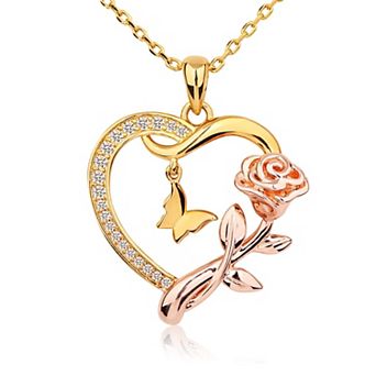 Heart Necklace Rose Butterfly Sterling Silver plated 14k Jewelry Wife Lover Mother Gift